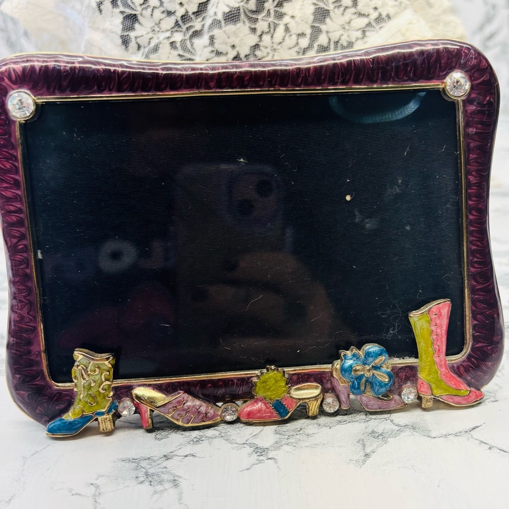 Nicole Miller Purple Enamel Photo Frame with Colorful Shoe & Flower Accents